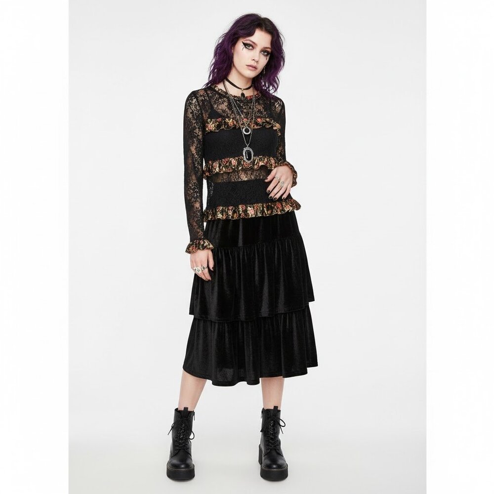 Easel Womens Black Floral Crushed Velvet Lace Long Sleeve Size‎ Small Whimsigoth